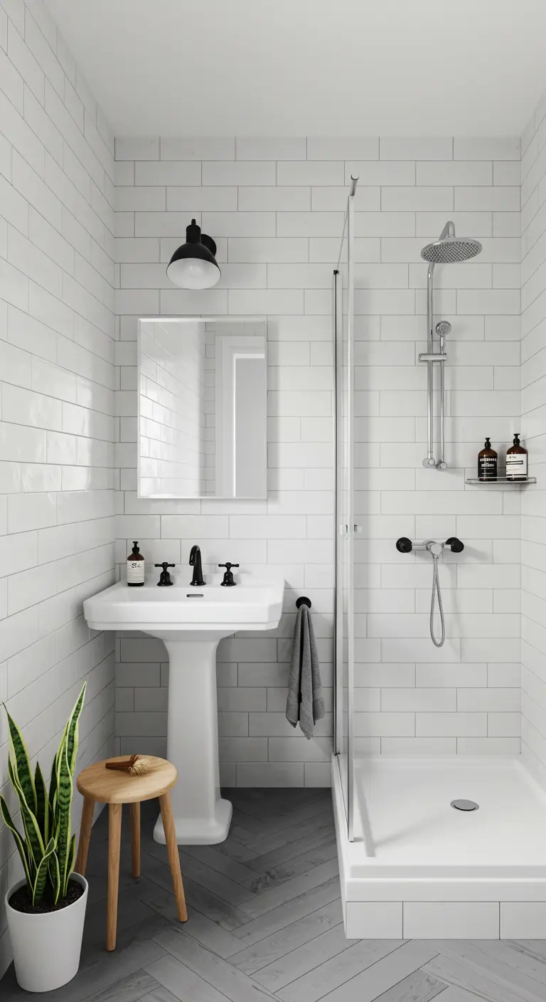 Baño minimalista con azulejos blancos, grifería negra y un taburete de madera