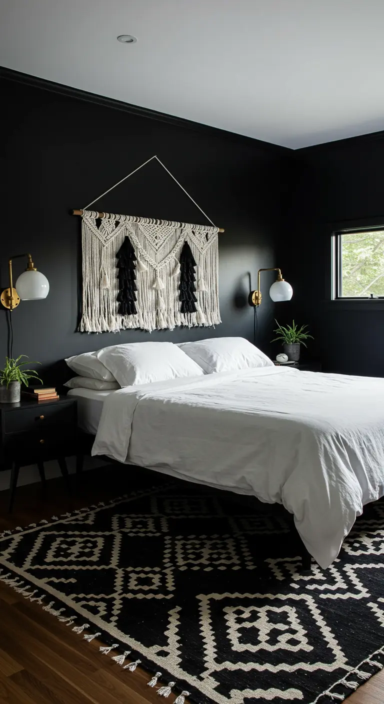 Dormitorio con paredes negras, tapiz de macramé bicolor y una gran alfombra geométrica en blanco y negro.