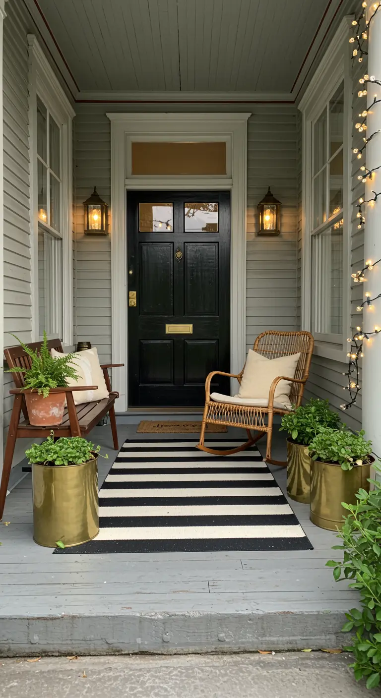 Porche clásico y elegante con alfombra a rayas, maceteros dorados y puerta negra