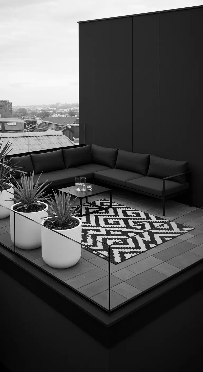 Terraza en blanco y negro con sofá oscuro, alfombra geométrica y macetas blancas con agaves