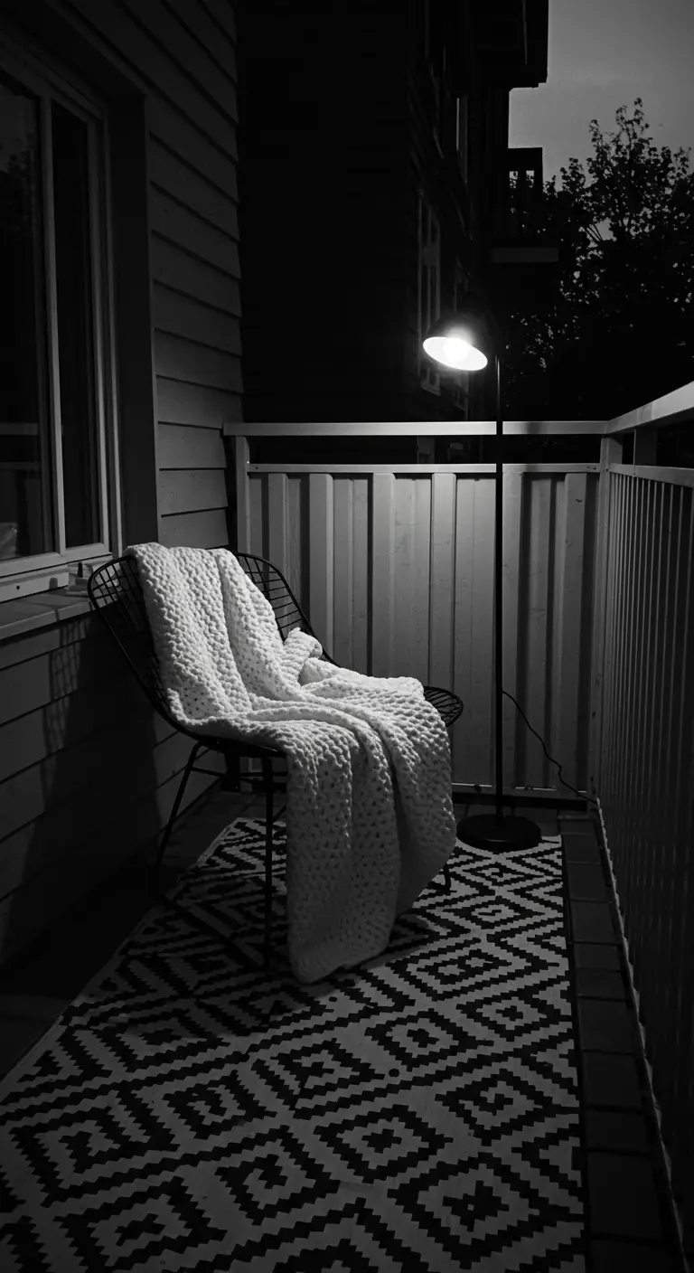 Balcón en blanco y negro con silla de alambre, manta de punto y alfombra con estampado geométrico.