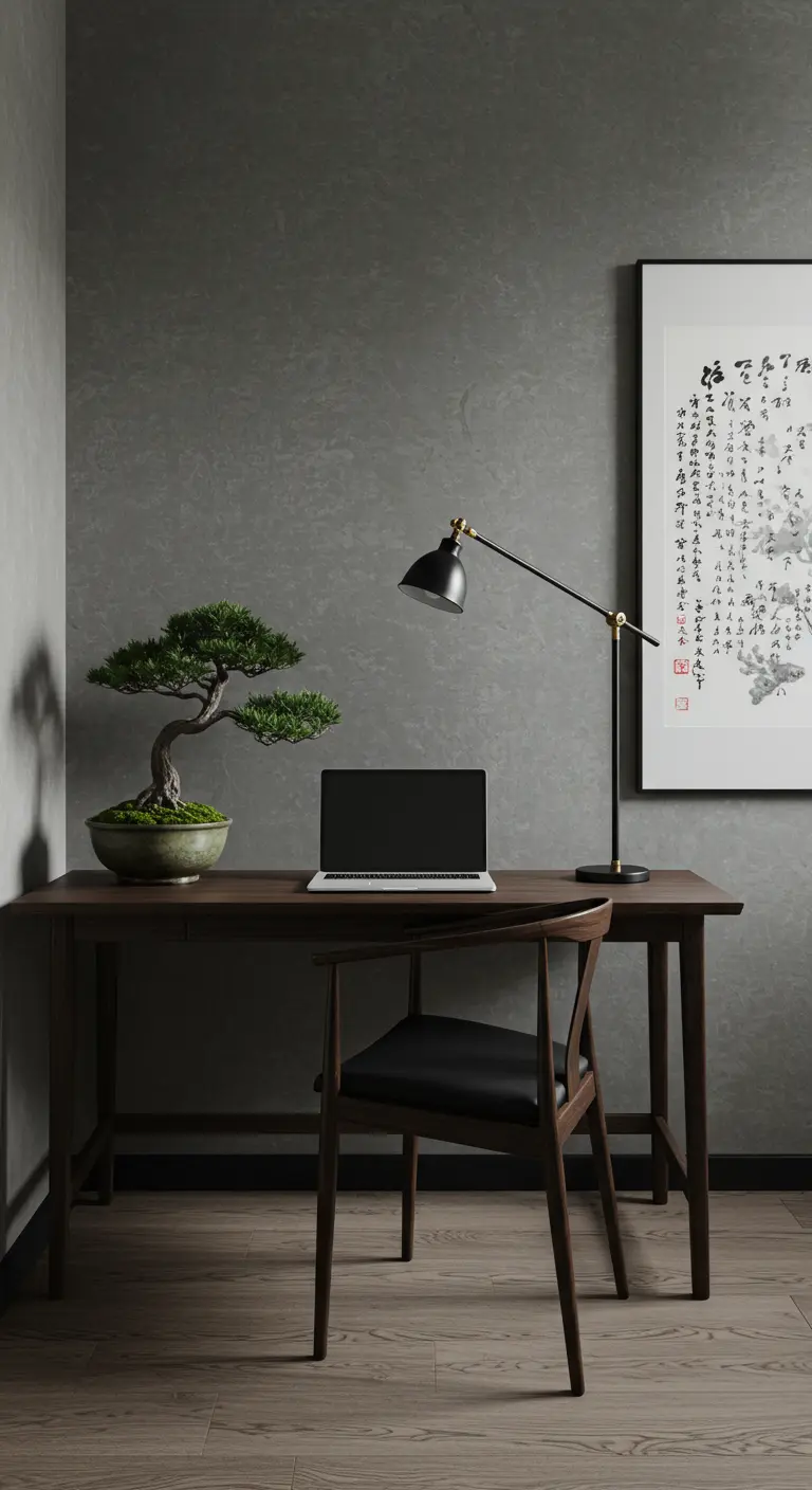 Oficina en casa con pared gris texturizada, escritorio oscuro y un bonsái