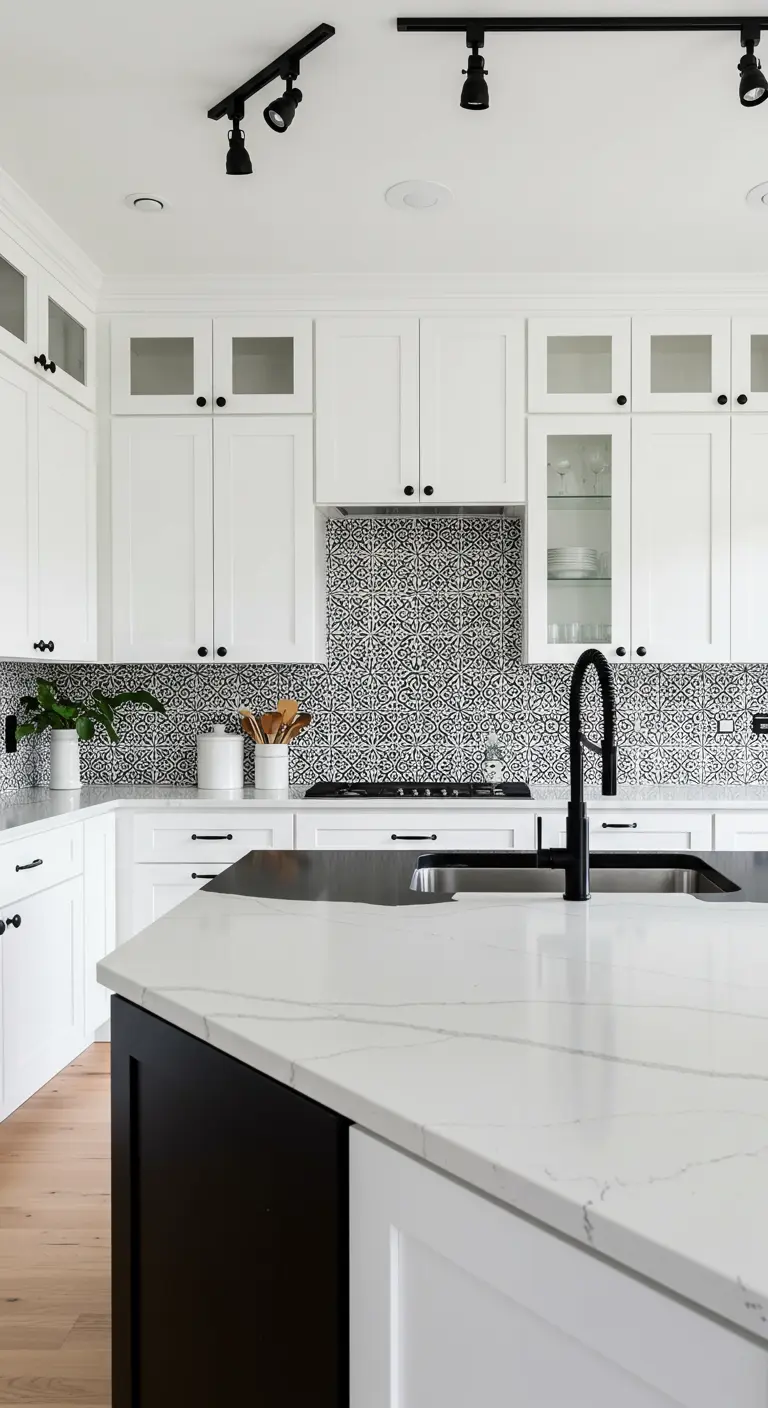 Cocina moderna farmhouse con backsplash de patrón geométrico en blanco y negro e isla negra