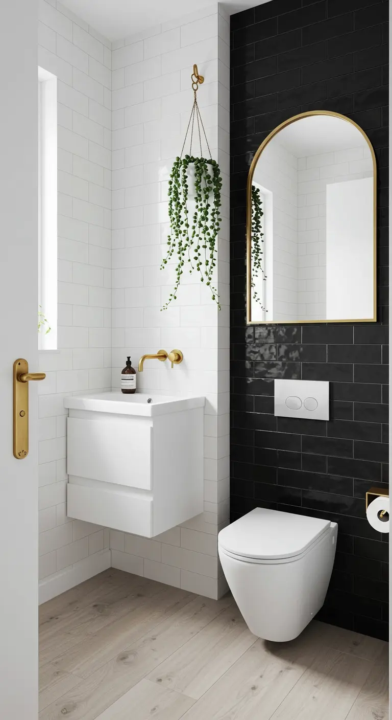 Baño pequeño con pared de azulejos negros, espejo dorado y una planta colgante.