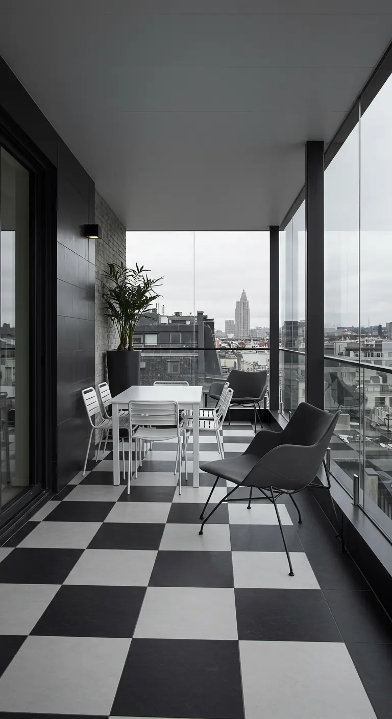 Balcón urbano con suelo de baldosas en damero blanco y negro y muebles de diseño moderno
