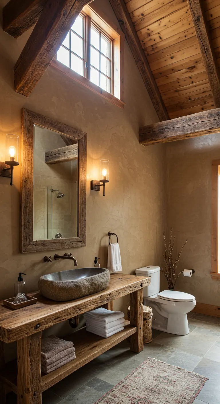 Baño rústico con vigas de madera, paredes de estuco y lavabo de piedra sobre un mueble de madera