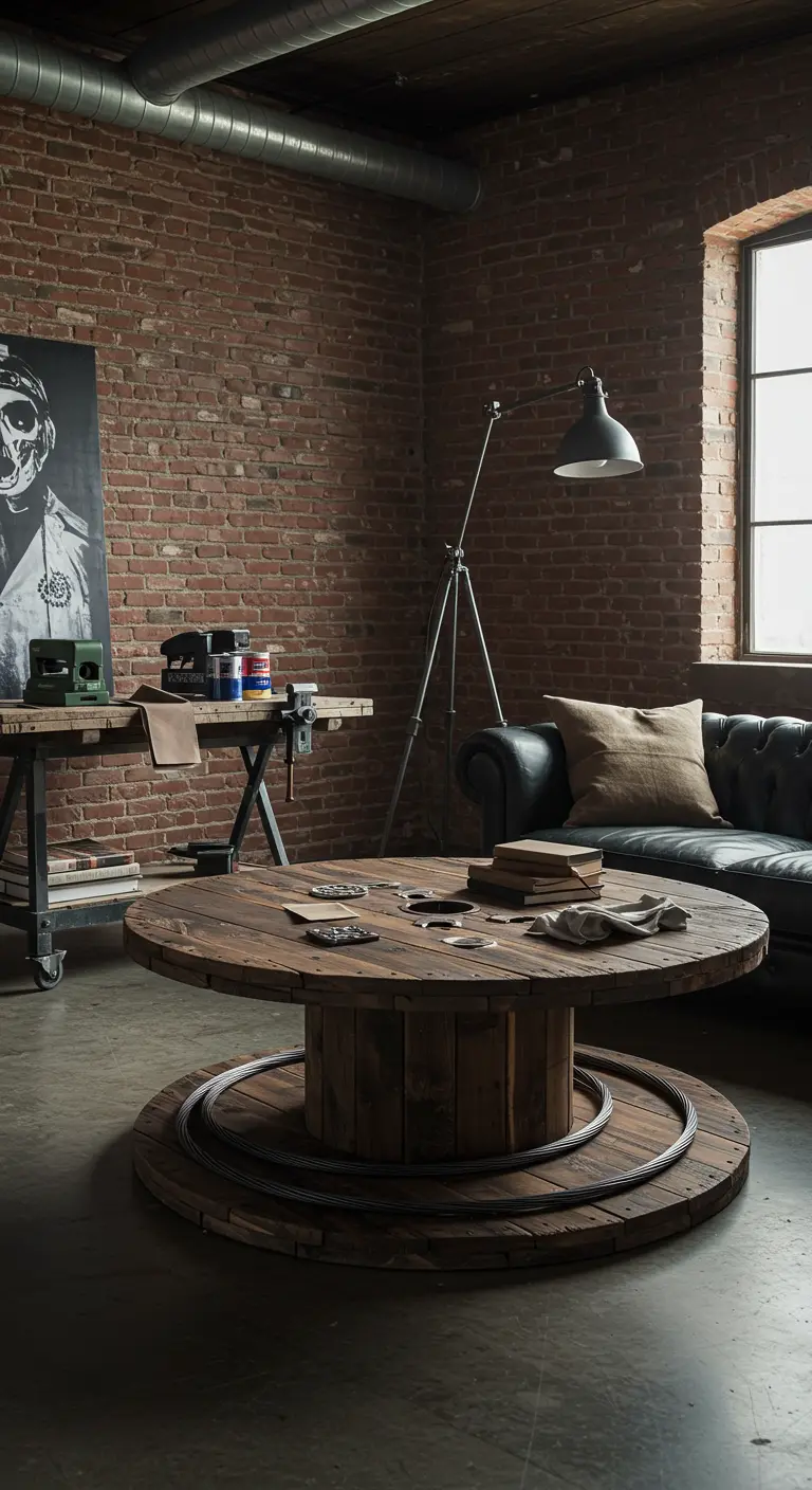 Mesa de carrete de cable de madera oscura en una sala de estilo industrial con pared de ladrillo.