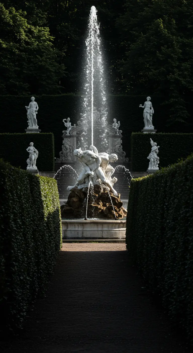 Fuente con un potente chorro de agua vertical frente a un grupo escultórico clásico.
