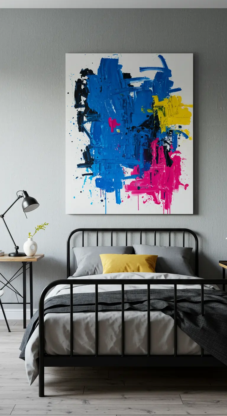 Dormitorio minimalista con un gran cuadro de arte abstracto y colorido sobre una cama de metal negro.