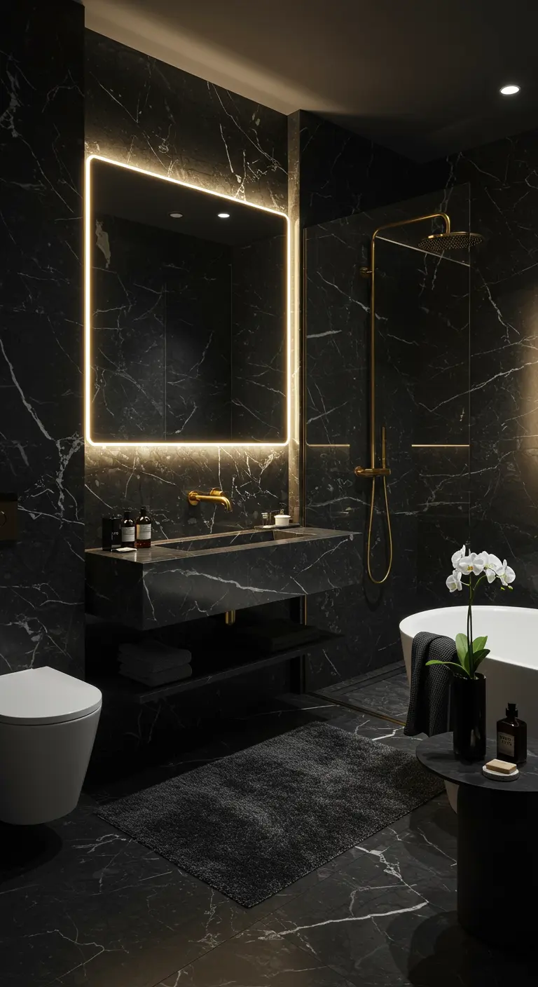 Baño moderno con mármol negro, espejo con retroiluminación LED y grifería dorada.