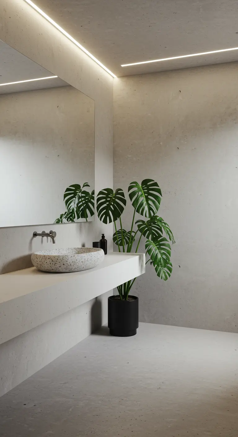 Baño minimalista de microcemento con un lavabo de terrazo y una planta monstera grande.