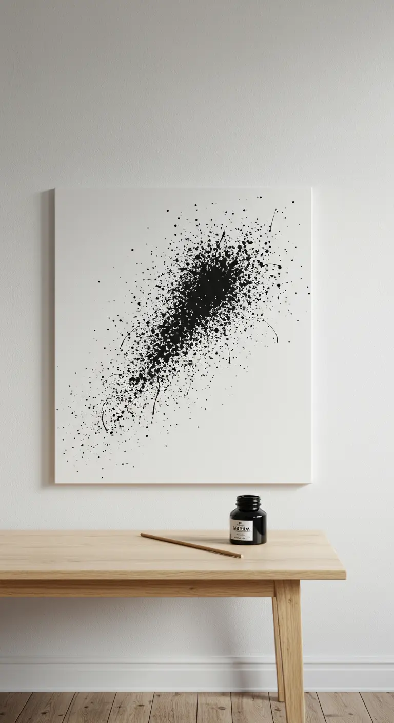 Un único lienzo blanco con una salpicadura diagonal de tinta negra, sobre un banco de madera.