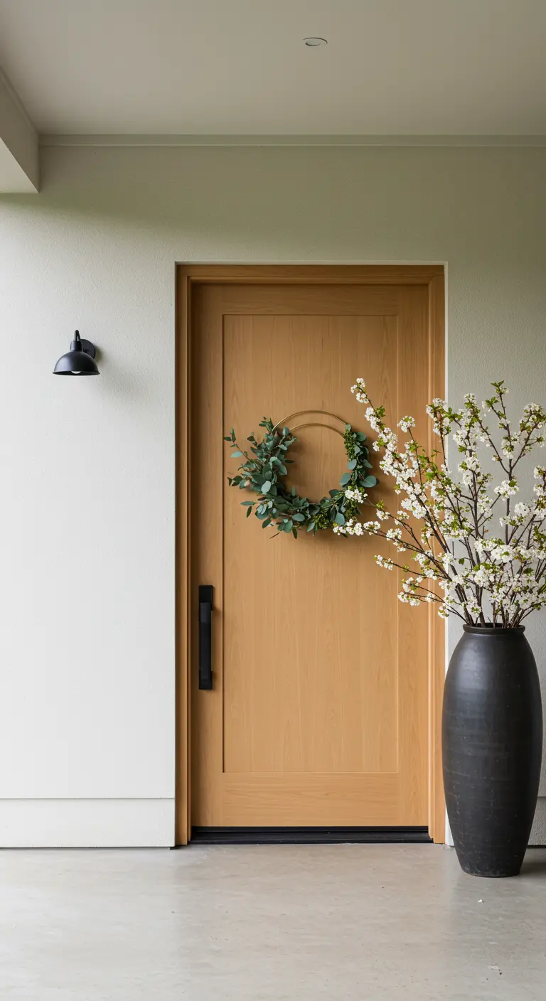Puerta de madera clara con corona minimalista de eucalipto y un gran jarrón negro con flores blancas