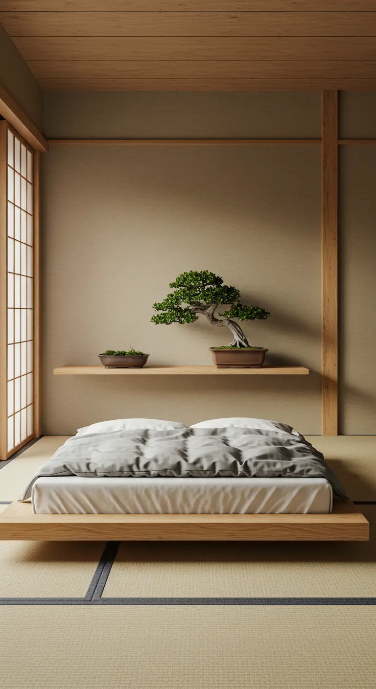 Dormitorio minimalista de estilo japonés con cama baja y un bonsái en una balda flotante.