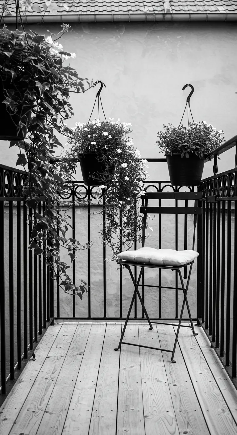 Balcón minimalista en blanco y negro con silla de hierro, suelo de madera y plantas colgantes.