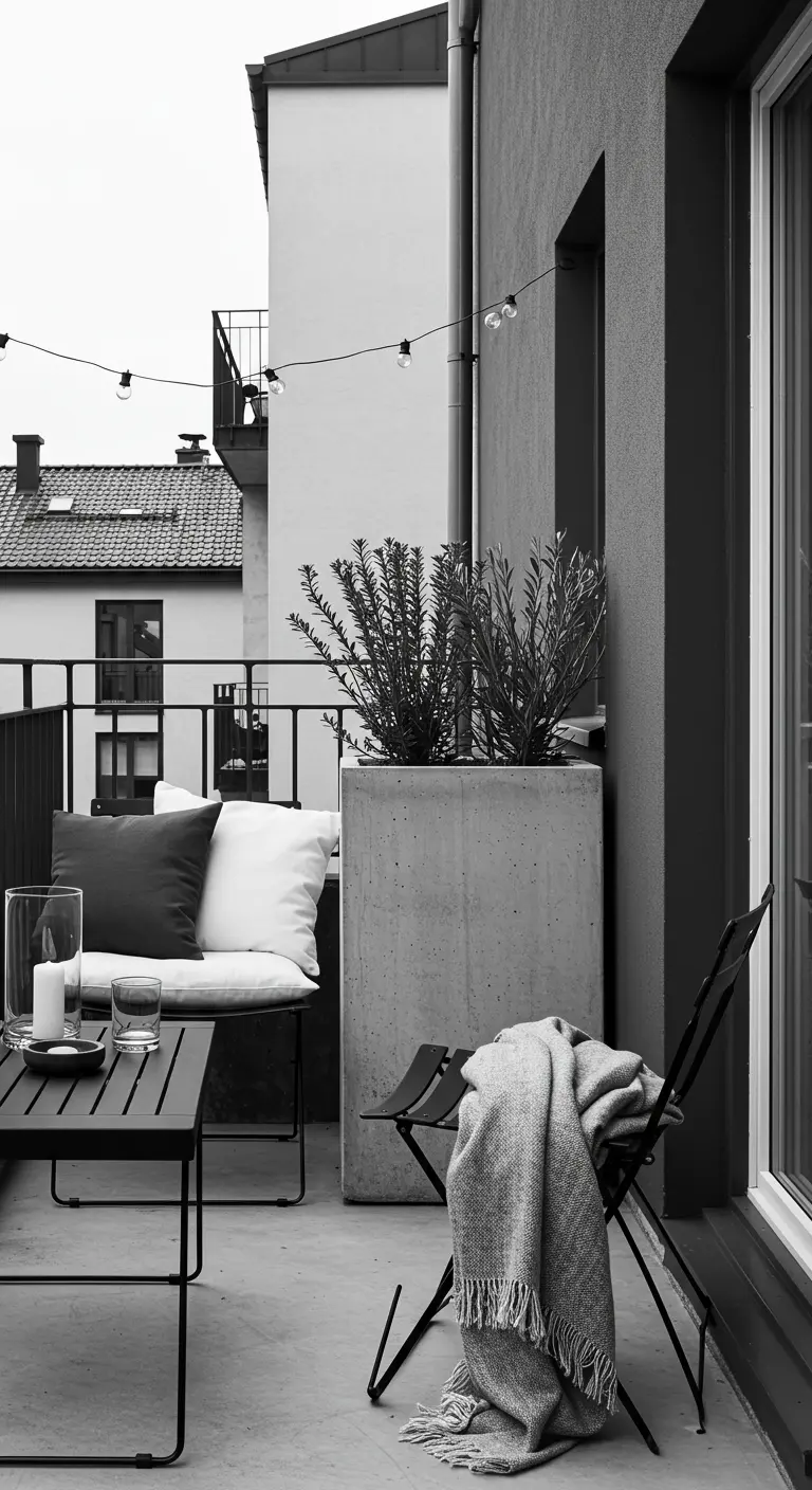 Balcón de estilo monocromático con macetero de hormigón, muebles negros y cojines blancos.