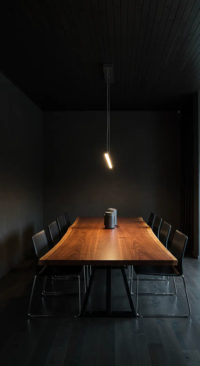 Comedor minimalista y oscuro con techo y paredes negras y una mesa de madera natural