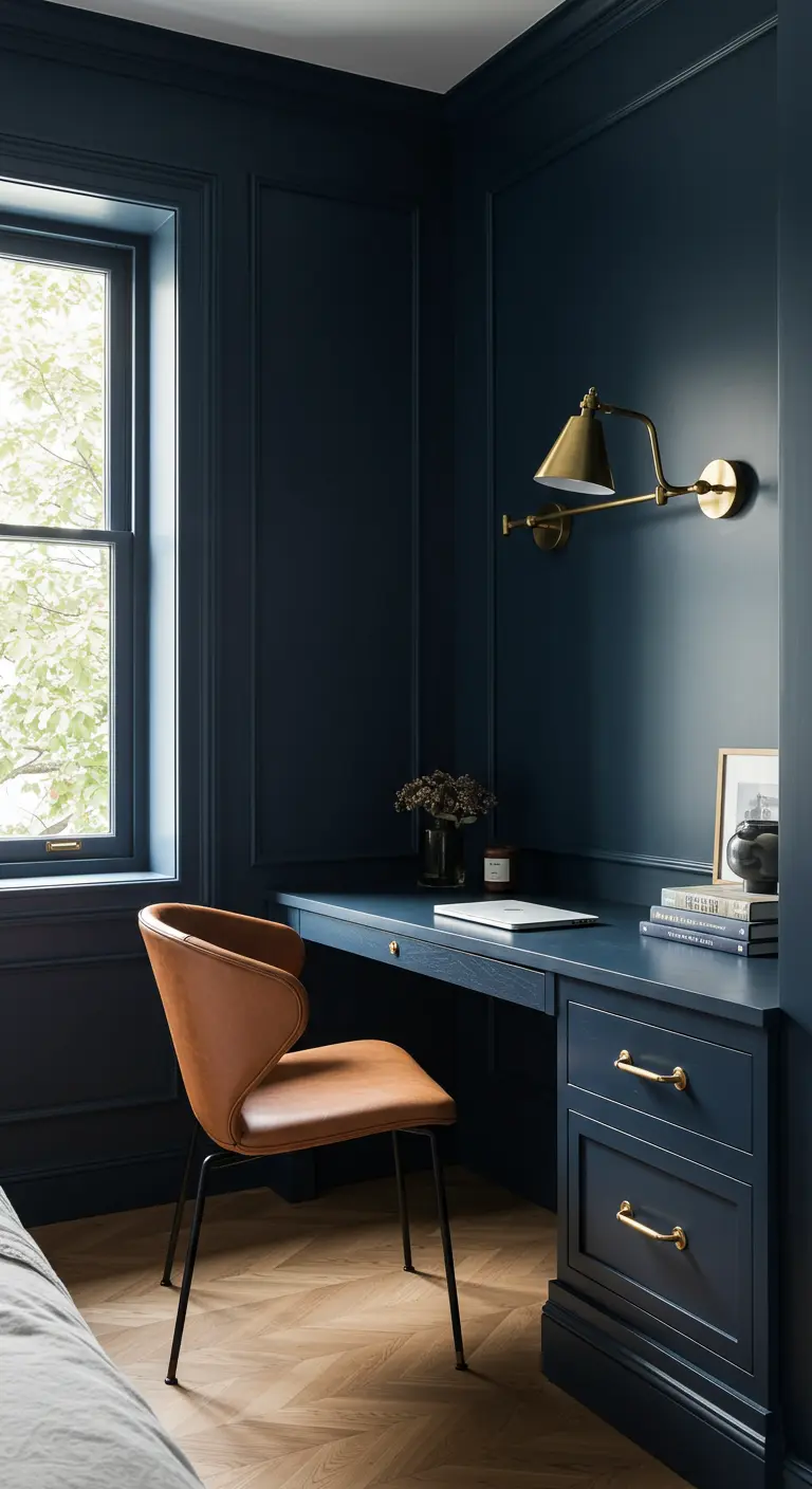 Rincón de trabajo azul oscuro con escritorio integrado y silla de cuero marrón.