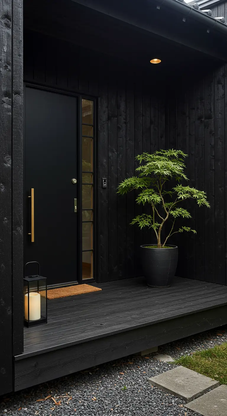 Fachada y porche de madera negra con una puerta negra, arce japonés y un farol.