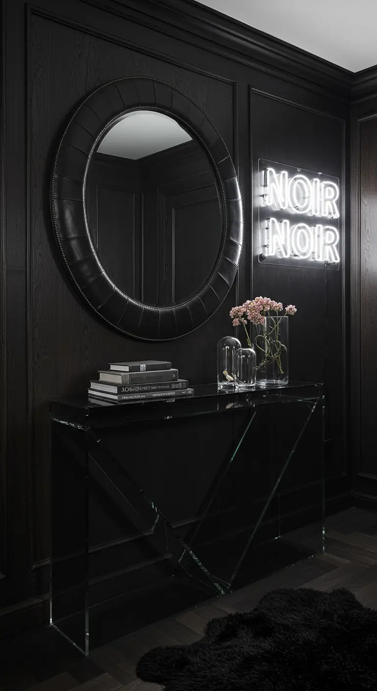 Entrada totalmente negra con espejo de marco de cuero, consola de acrílico ahumado y neón