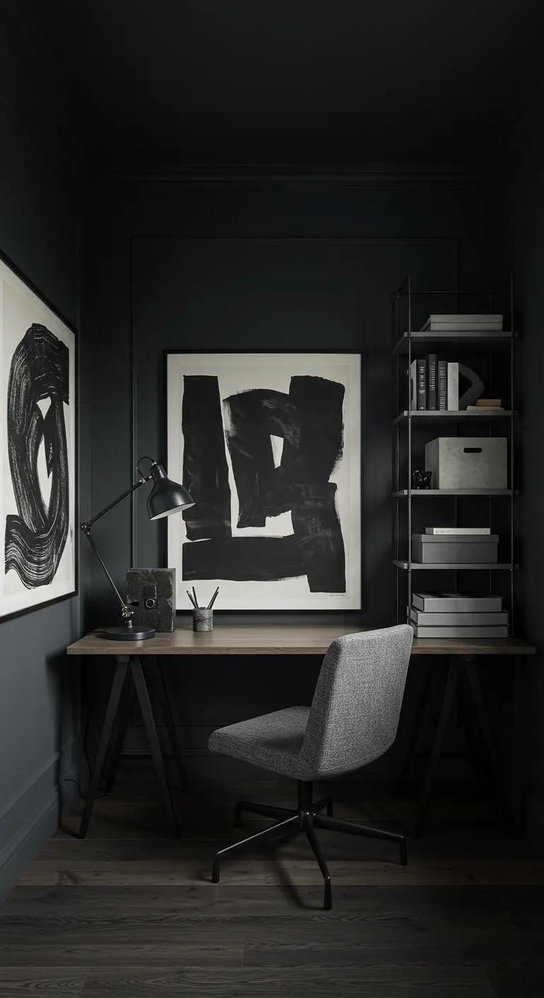 Oficina en casa monocromática en negro con arte abstracto y escritorio de madera.