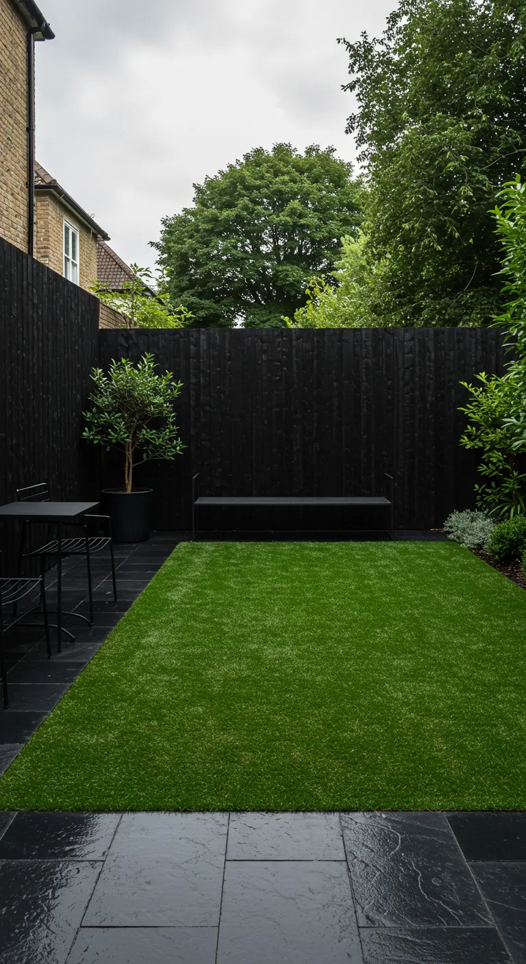 Pequeño jardín urbano con una valla de madera negra, muebles negros y césped artificial verde.