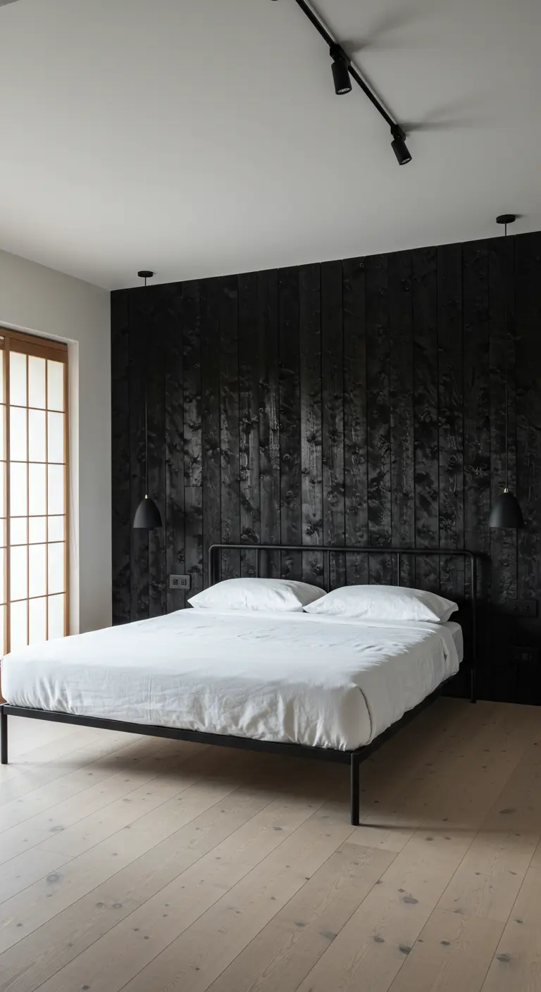 Dormitorio minimalista con una pared de madera negra carbonizada y cama de metal.
