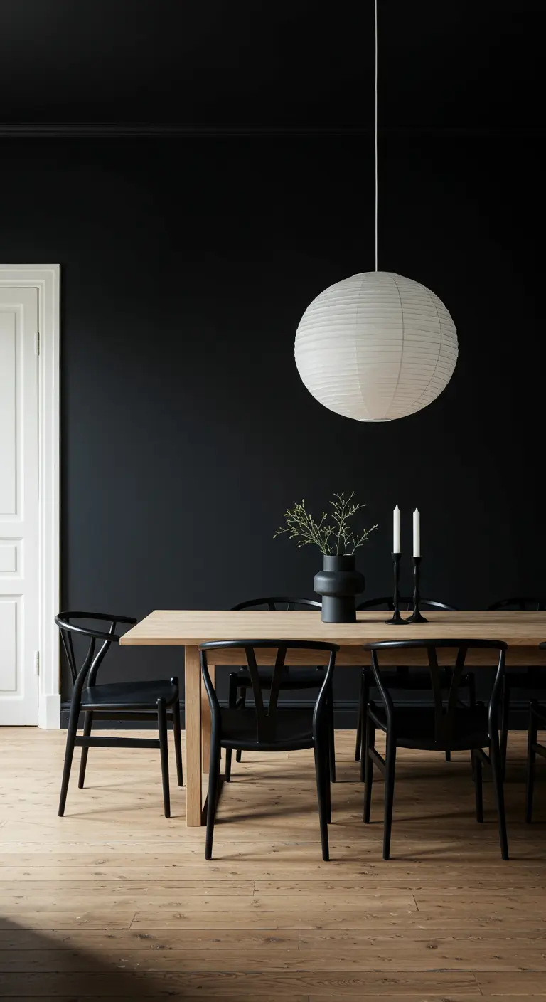 Comedor minimalista con pared negra mate, lámpara de papel y mesa de madera clara.