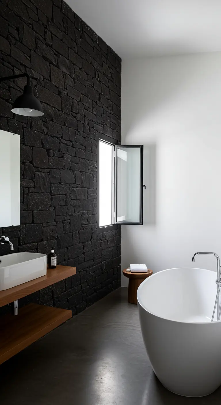 Baño con pared de piedra negra, bañera blanca exenta y ventana con marco negro.