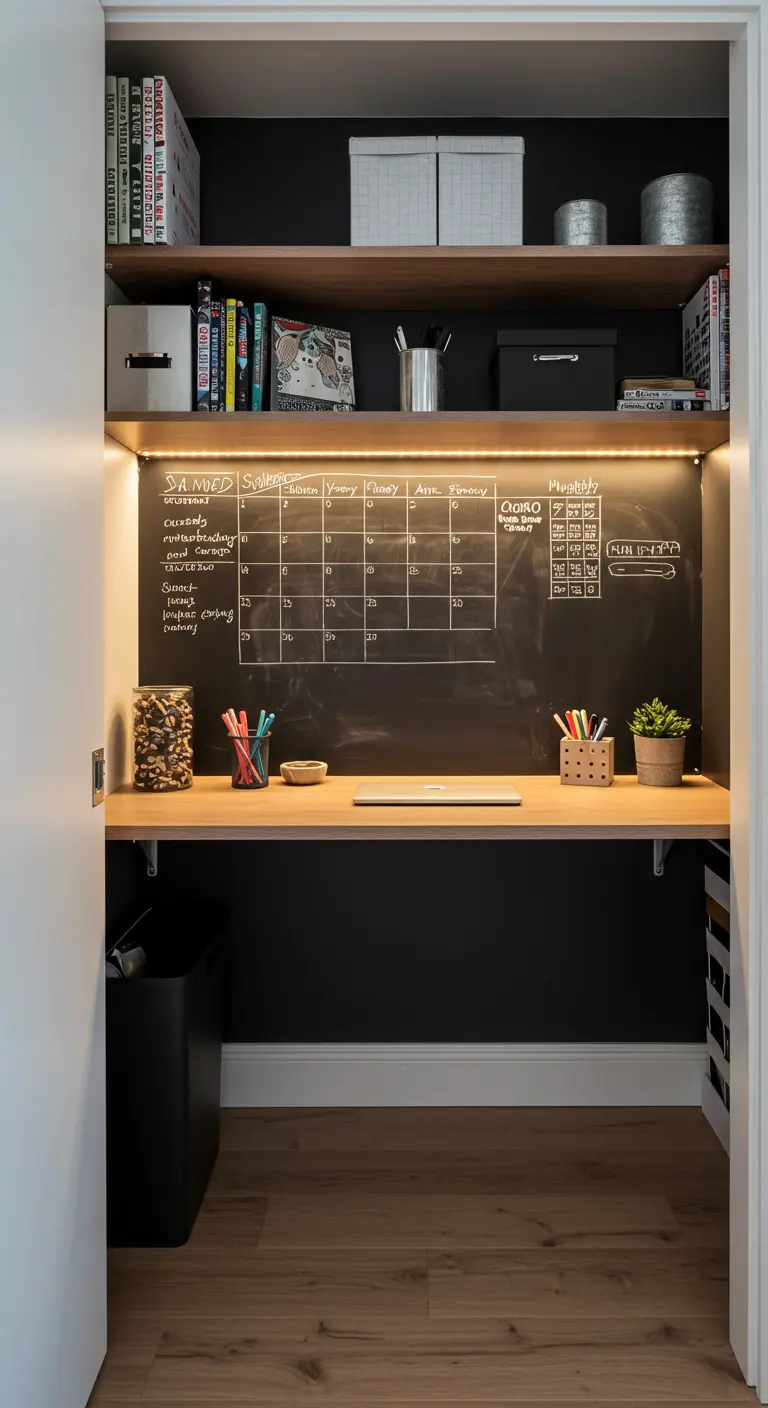 Oficina compacta dentro de un armario con pared de pizarra negra, escritorio de madera y luz LED.