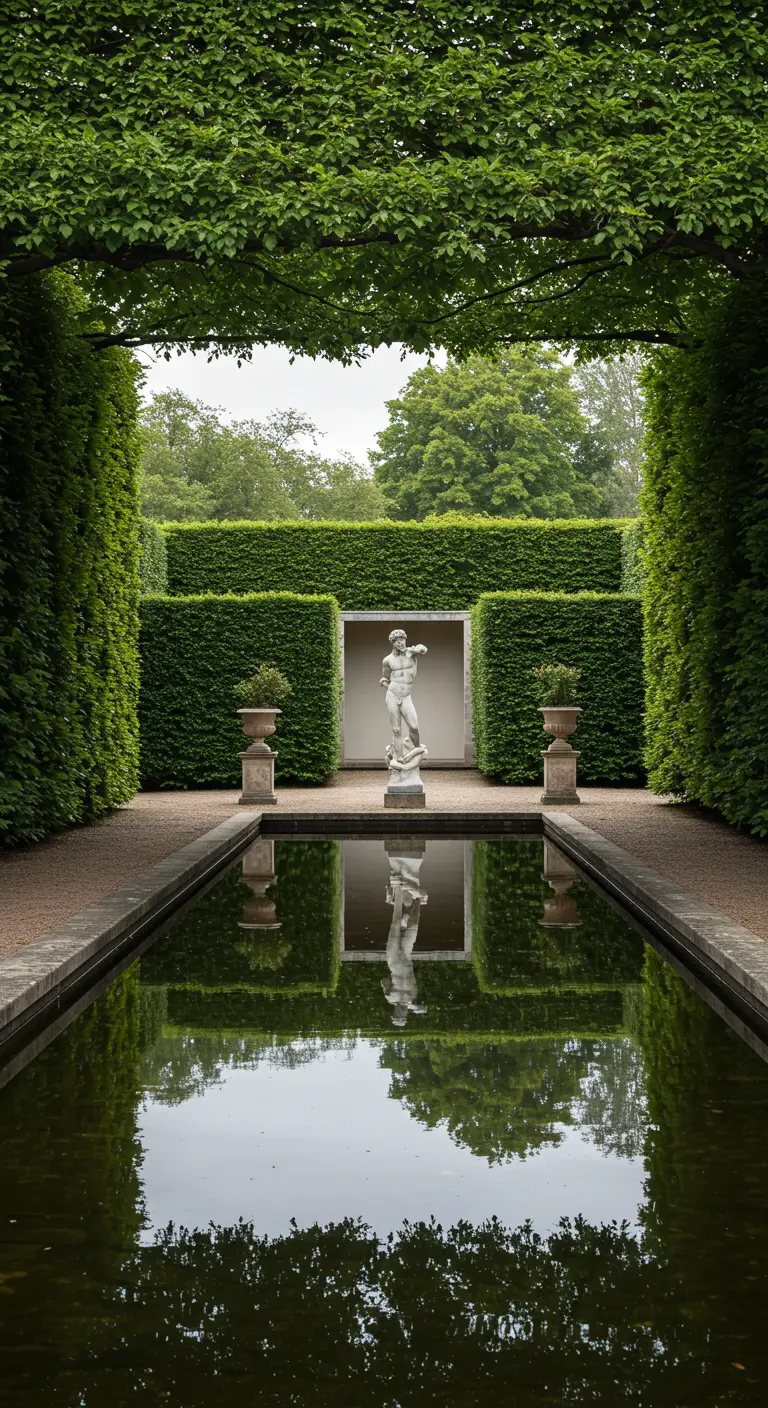 Escultura clásica reflejada en un estanque rectangular flanqueado por altos setos verdes.
