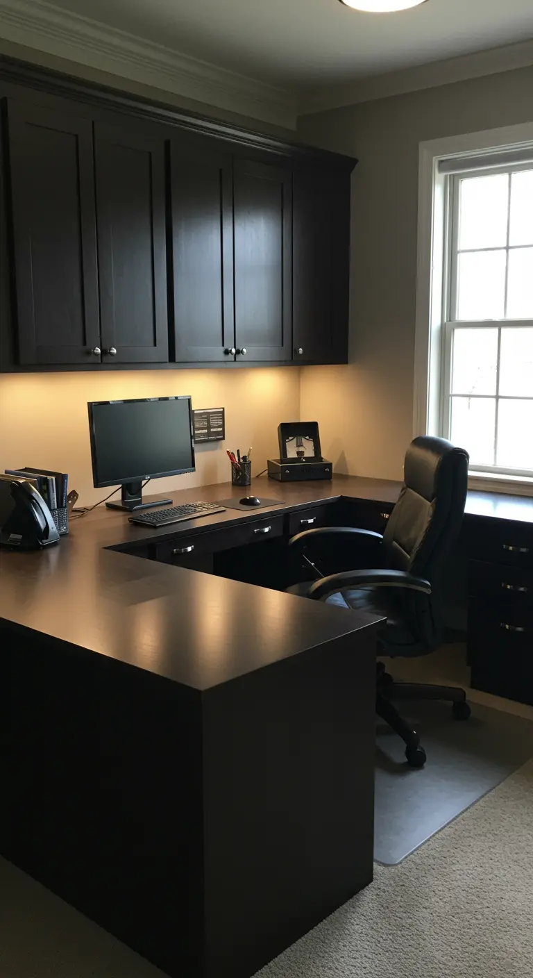 Amplio escritorio esquinero de madera oscura con armarios a juego y una silla de oficina de cuero.