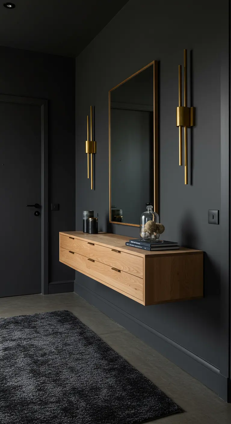 Recibidor minimalista con paredes oscuras, consola de madera flotante y apliques dorados.