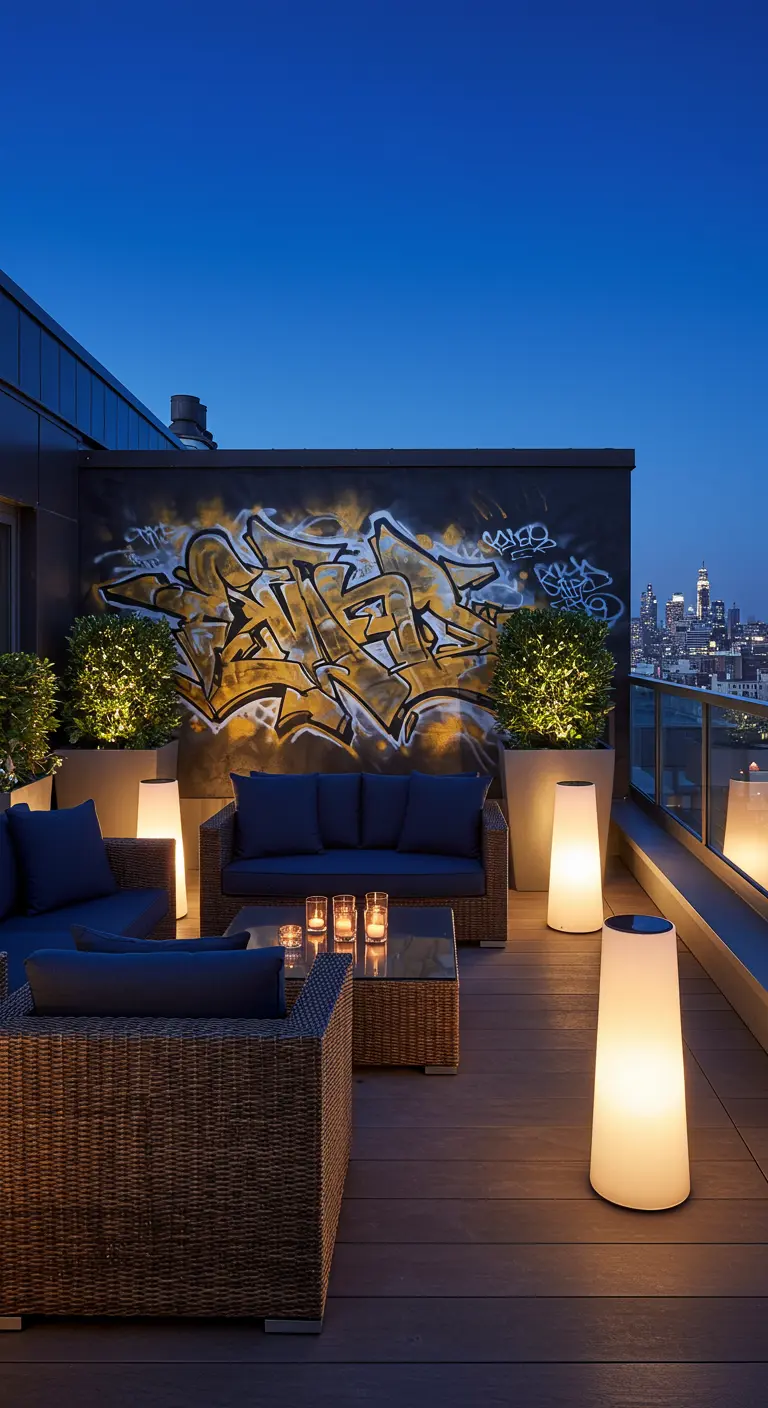 Terraza elegante con un grafiti dorado sobre pared negra y lámparas de pie modernas