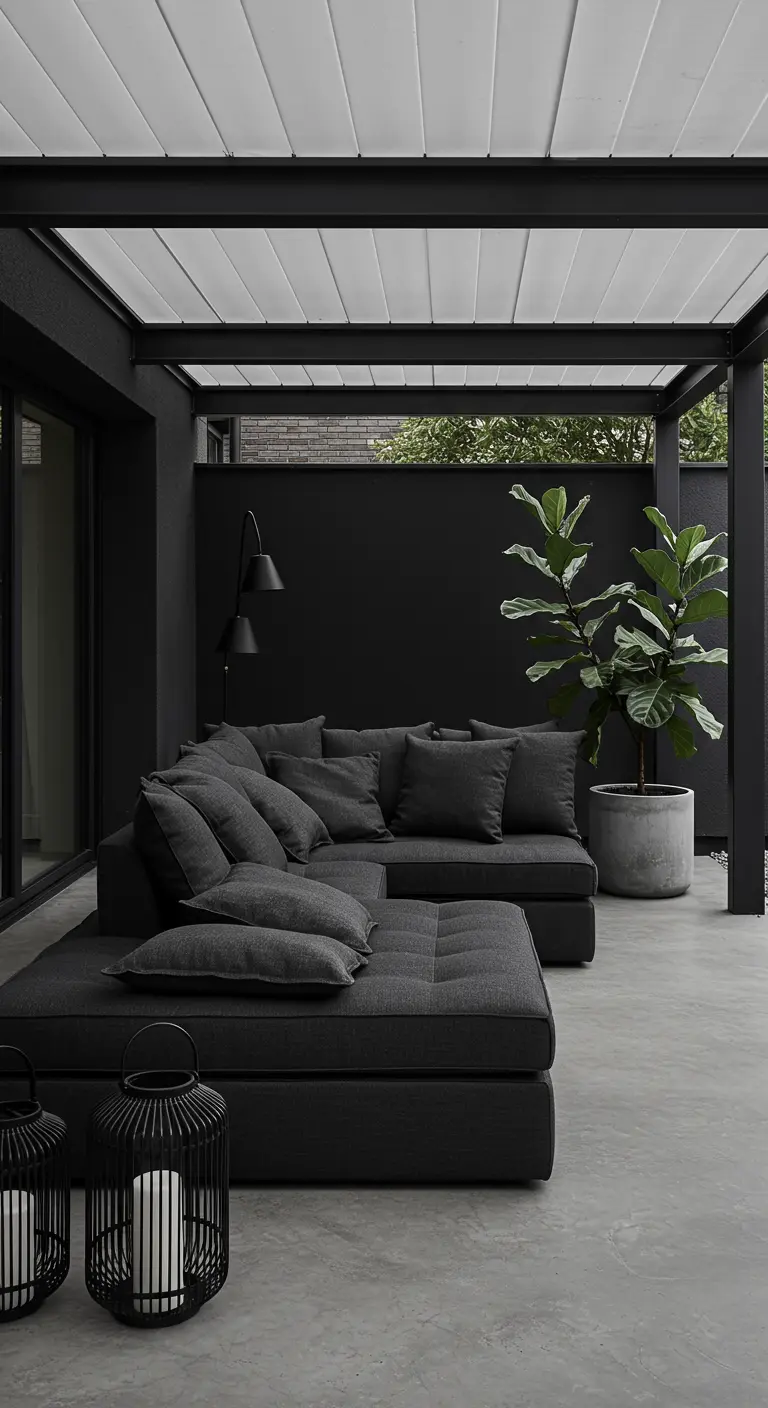 Patio completamente negro con un sofá modular oscuro, paredes negras y una gran planta.