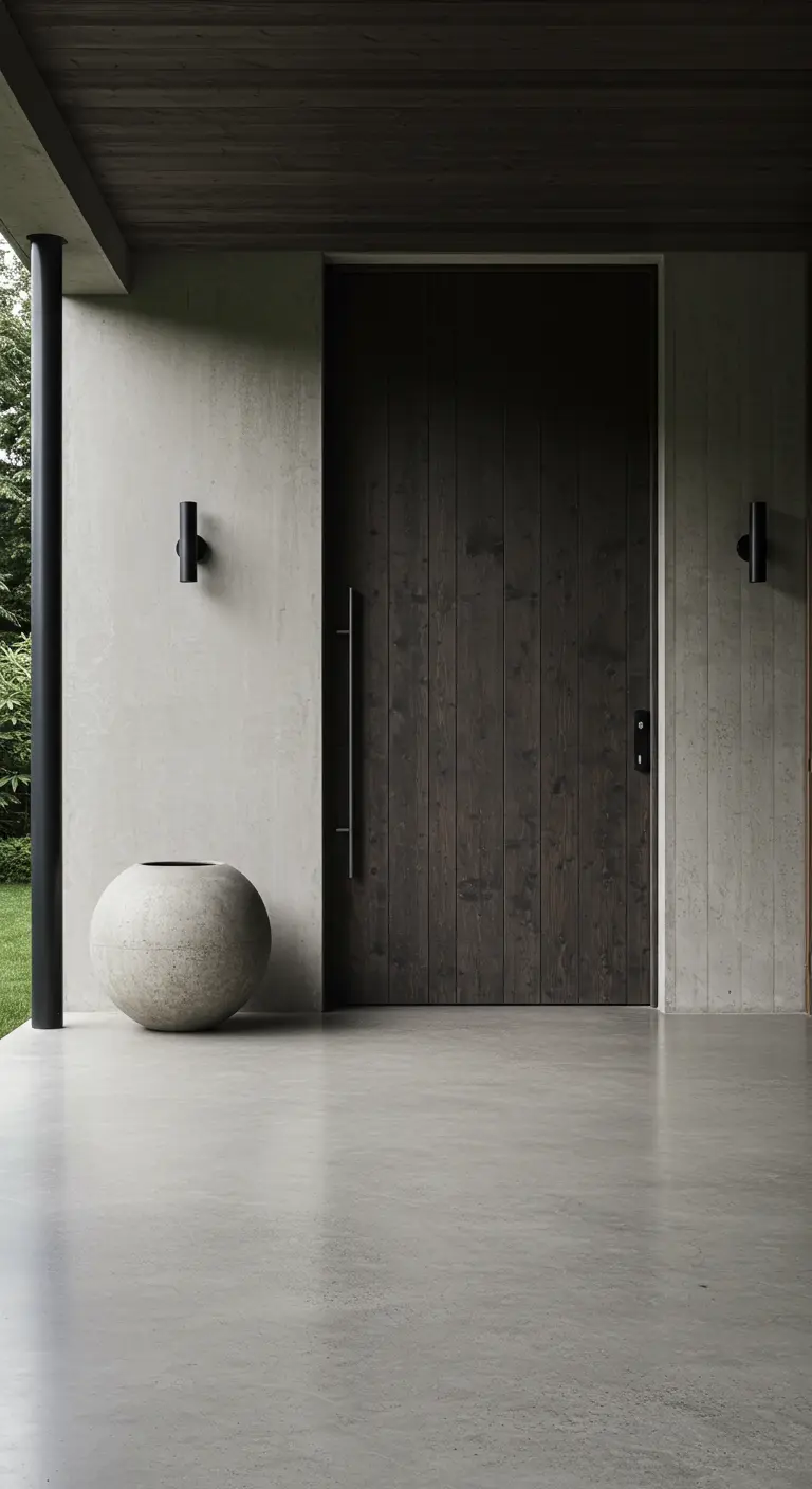 Entrada minimalista con puerta de madera oscura, paredes de hormigón y una gran maceta esférica.