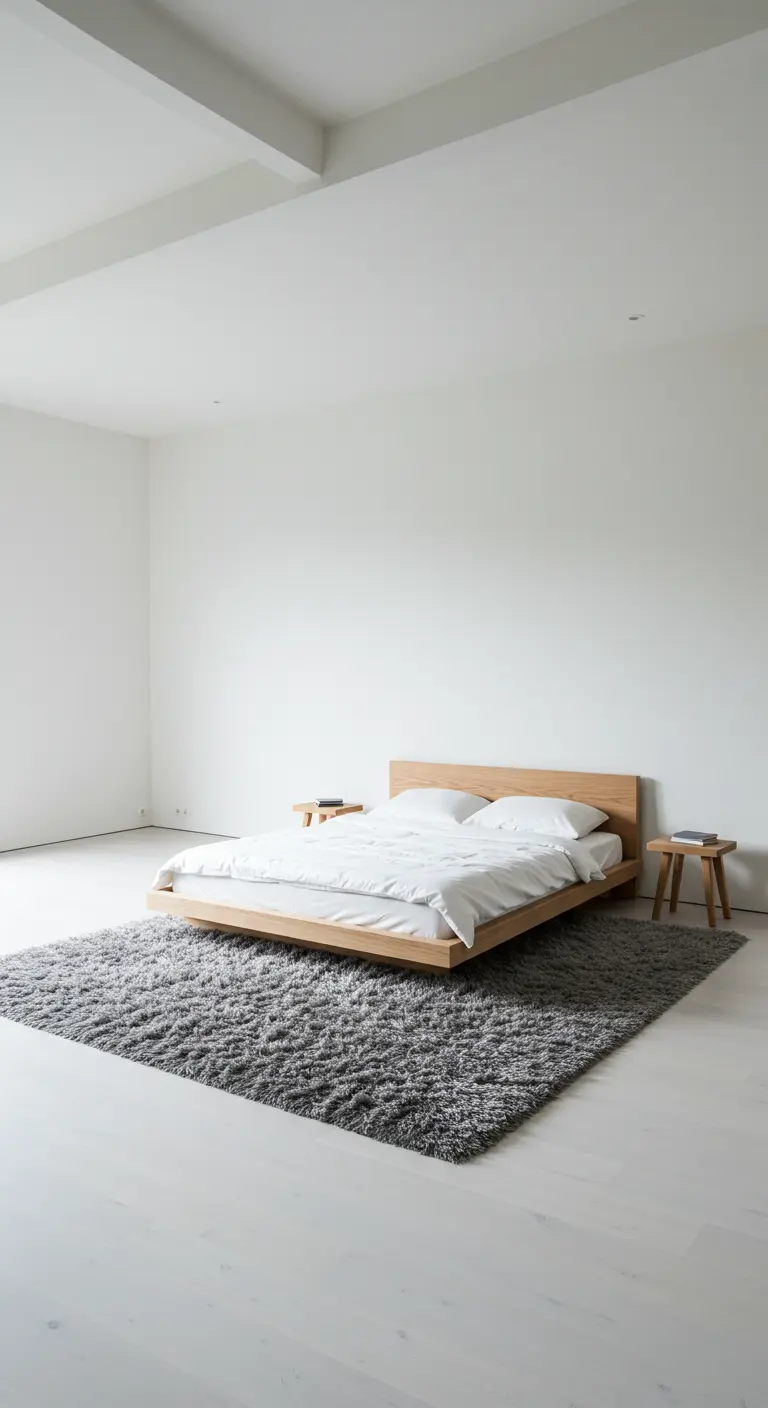 Dormitorio extremadamente minimalista en blanco con una cama flotante y una alfombra gris.