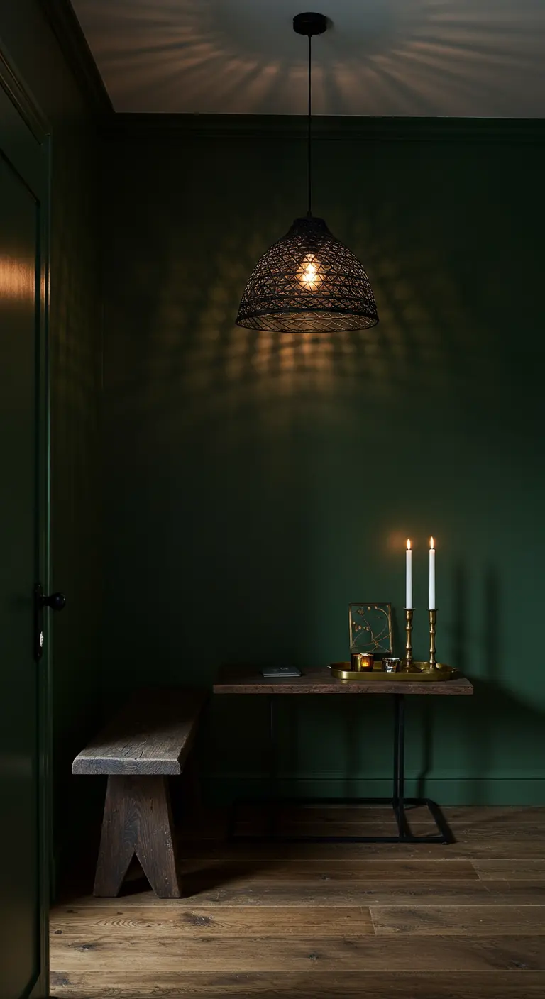 Entrada oscura con paredes verde botella, banca de madera y lámpara de mimbre negra