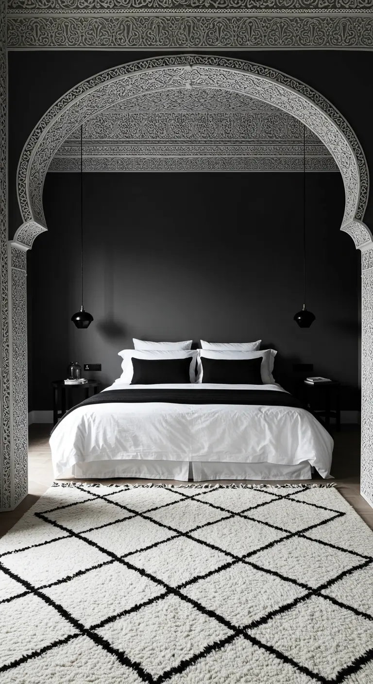 Dormitorio con un gran arco blanco ornamentado sobre una pared negra y decoración monocromática