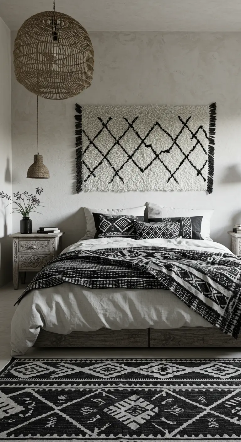 Dormitorio boho en blanco y negro con un gran tapiz geométrico como cabecero y textiles a juego.
