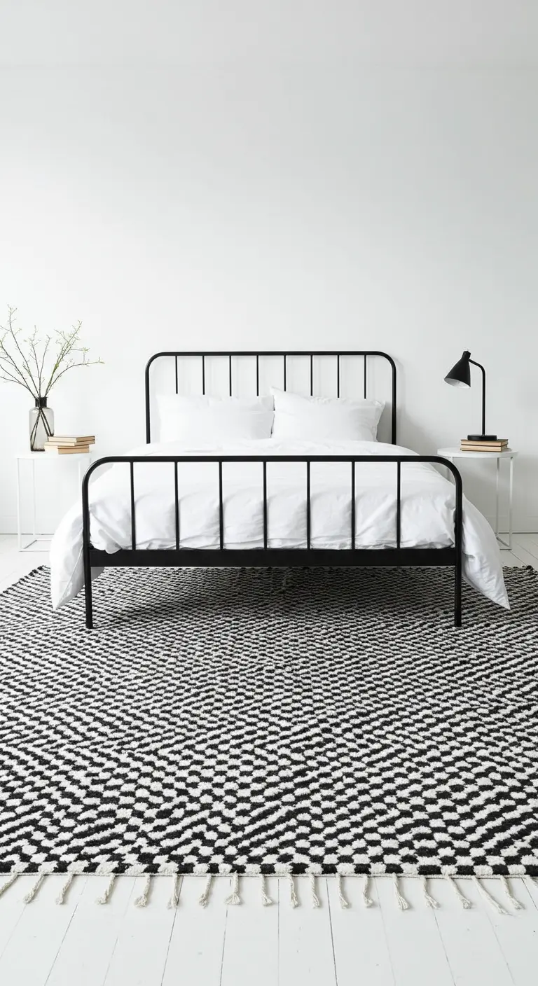 Dormitorio minimalista en blanco y negro con una gran alfombra de patrón zigzag.
