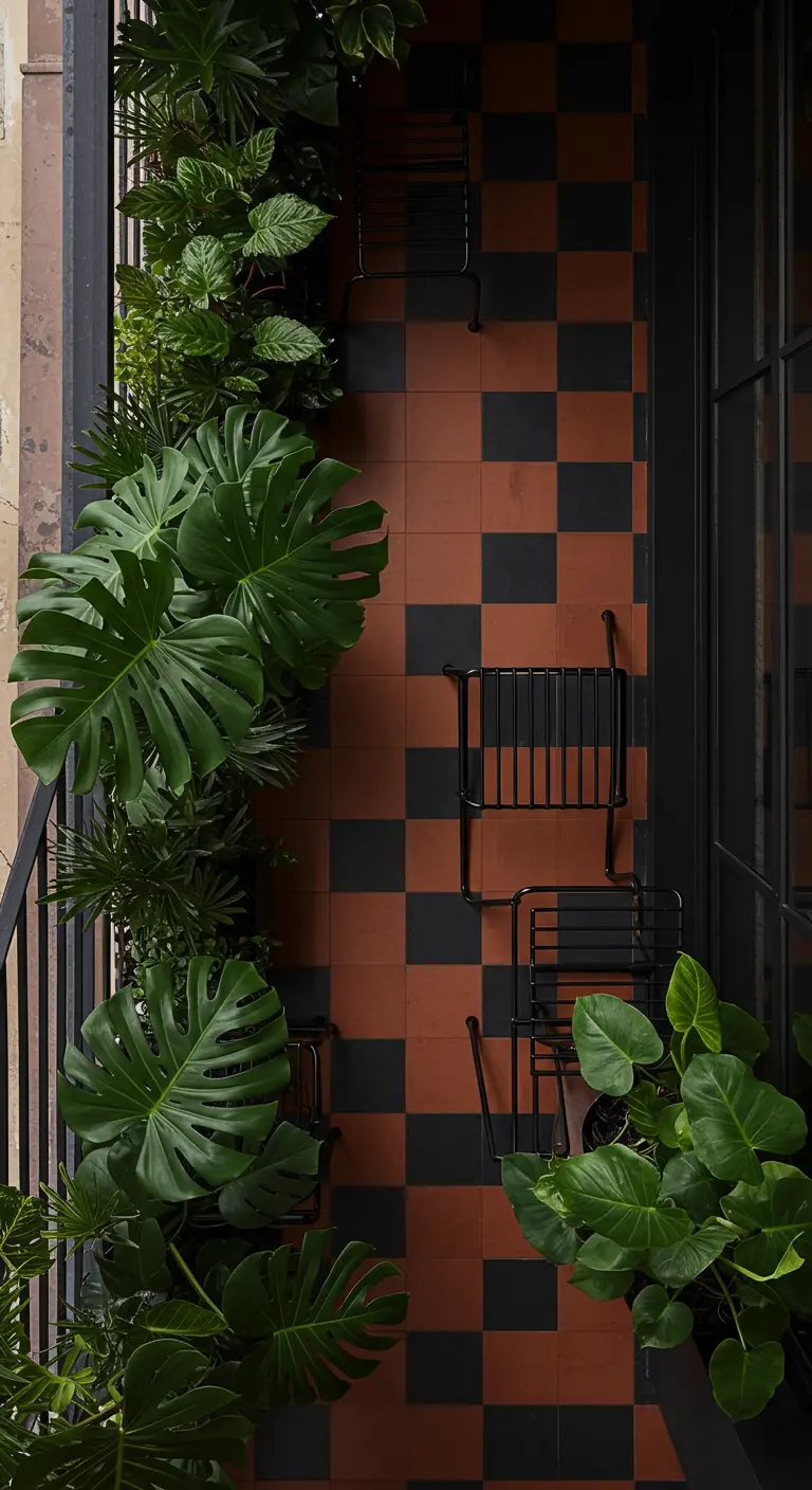 Vista cenital de un balcón con suelo de damero en terracota y negro, y grandes plantas de Monstera.