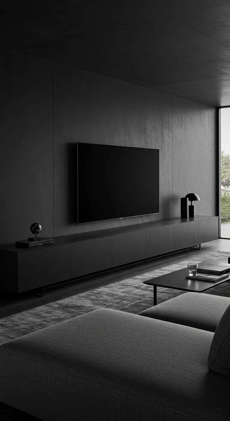 Sala de estar minimalista totalmente negra con un largo mueble de TV de metal negro mate.