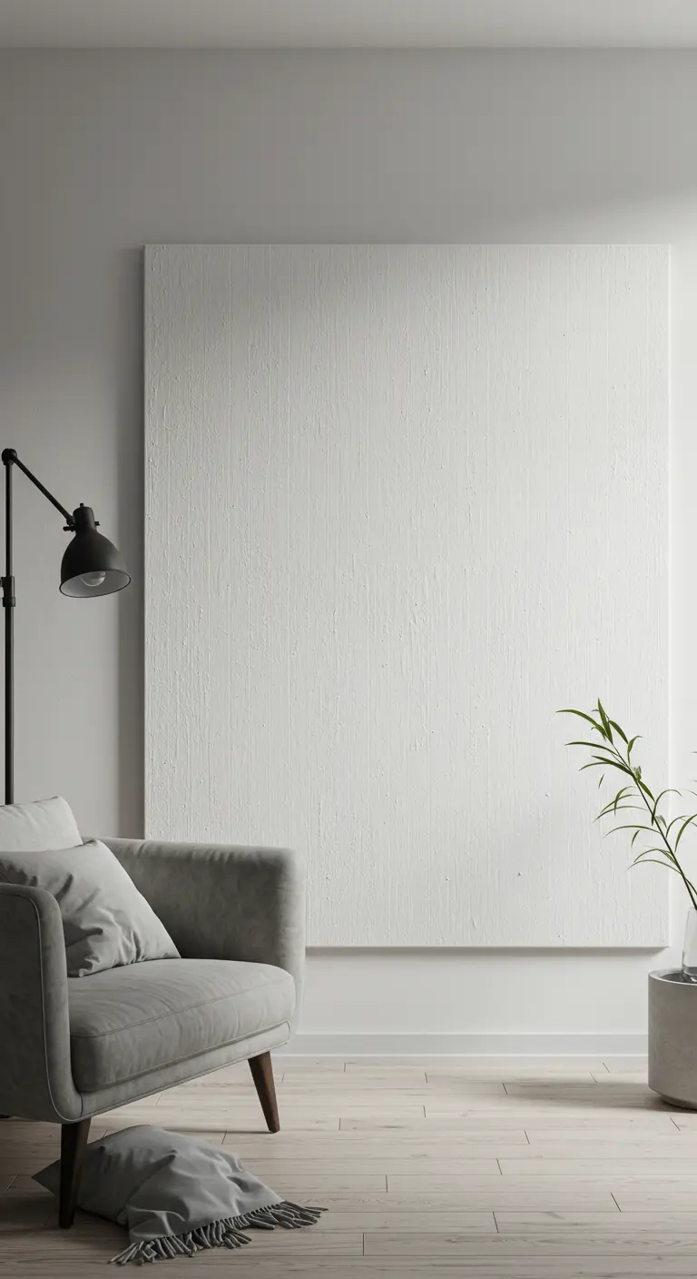 Un gran lienzo blanco con textura sutil apoyado en una pared junto a un sofá gris
