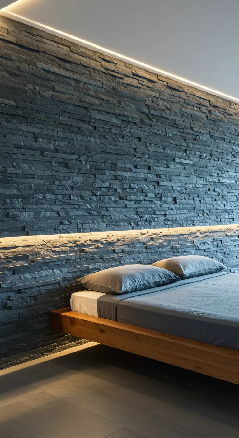 Dormitorio moderno con una pared de piedra de pizarra oscura iluminada con tiras LED.