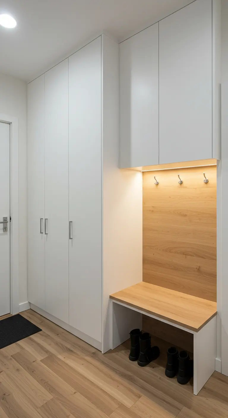 Armario blanco de suelo a techo con un nicho de madera con banco y percheros.