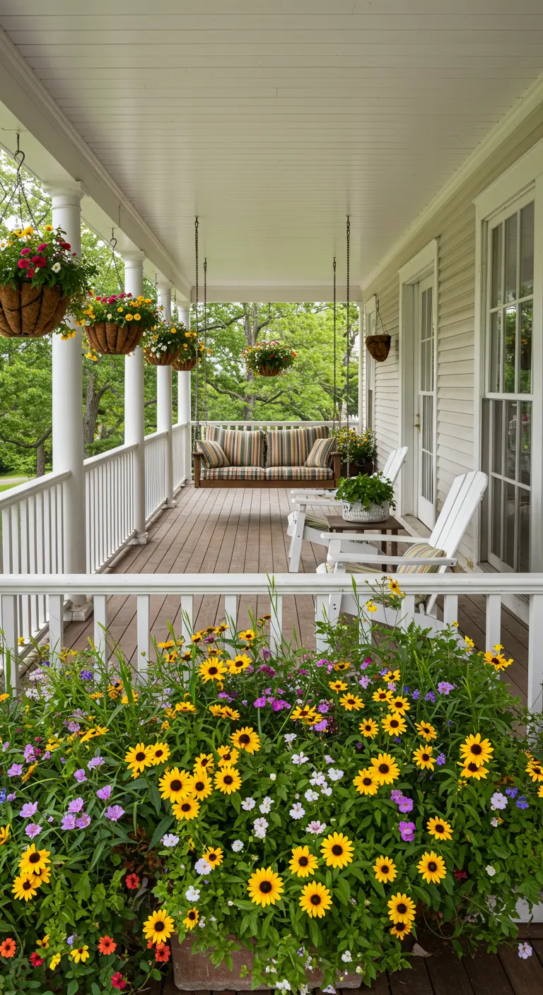 Porche de una casa de estilo americano con columpio colgante, sillas blancas y muchas flores en cestas y jardineras.