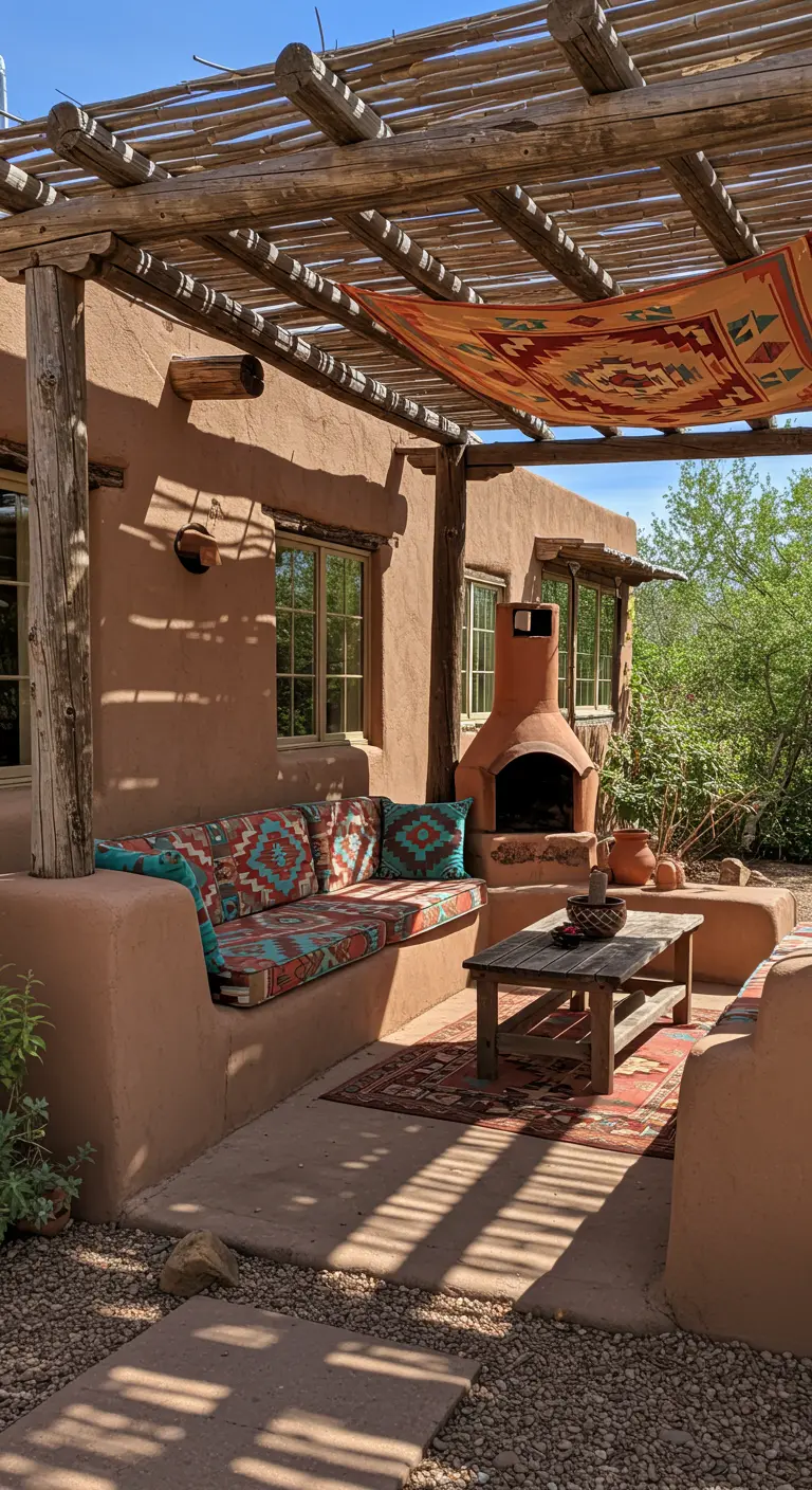 Patio de adobe con pérgola de vigas de madera, banco de obra con cojines navajo y una chimenea exterior.