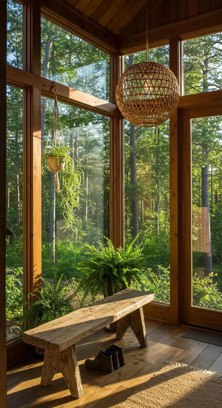 Entrada acristalada con vistas al bosque, banca de madera rústica y lámpara de mimbre esférica