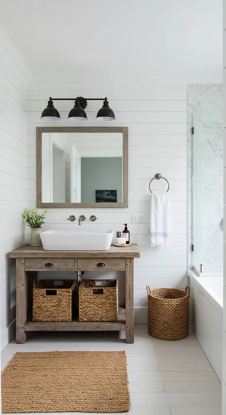Baño de estilo costero con paredes de lamas blancas y mueble de madera rústica con cestas.